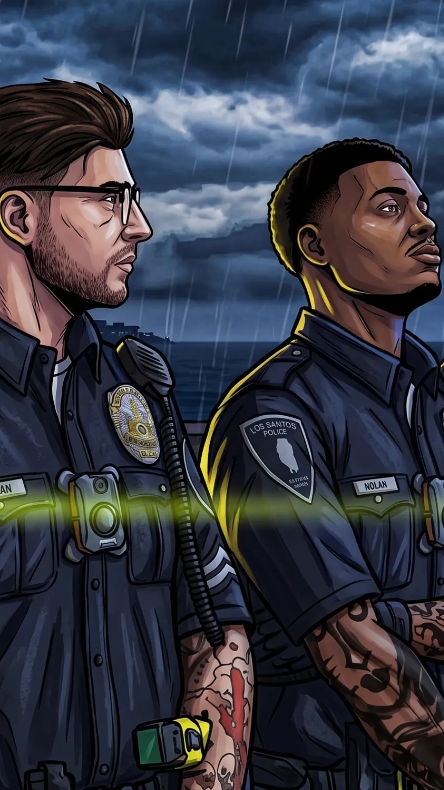 Dos agentes del LSPD bajo la lluvia