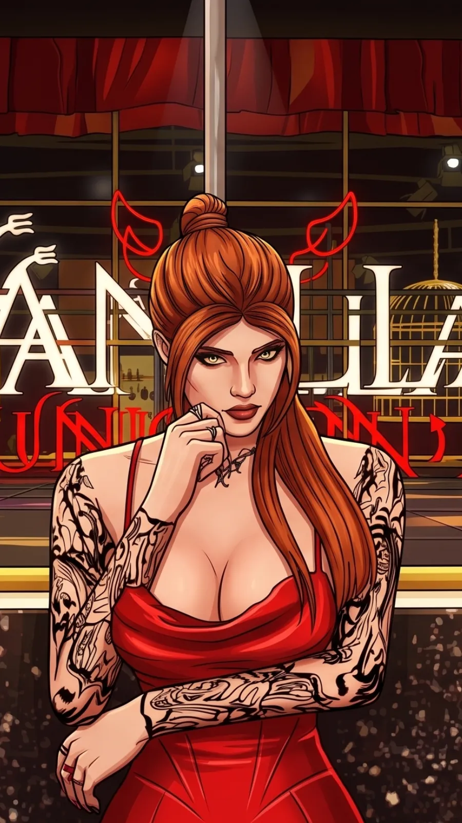 Chica pelirroja con vestido rojo en la puerta del Vanilla Unicorn