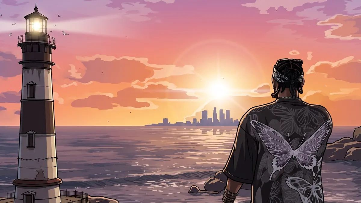 Chico mirando el atardecer junto a un faro con la ciudad al fondo