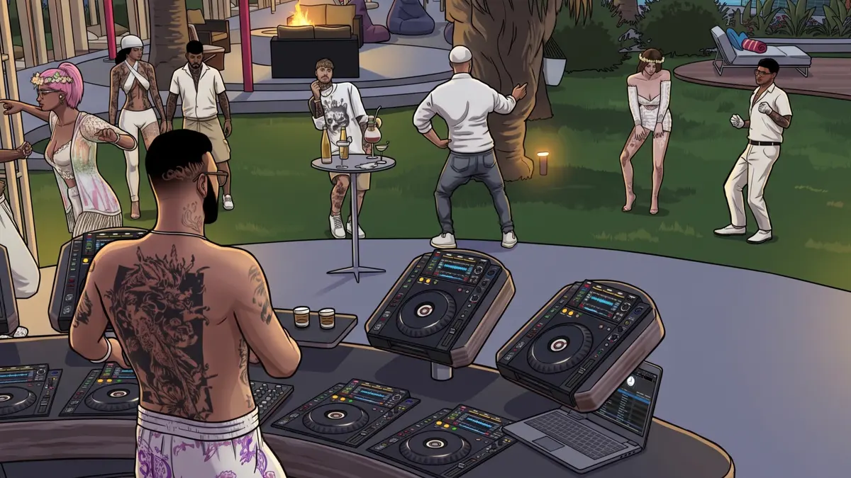 DJ pinchando en una fiesta en el jardín de una villa