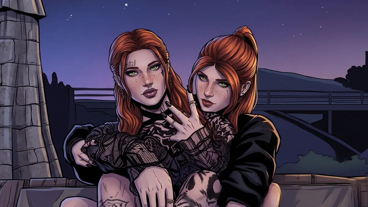 Dos chicas pelirrojas abrazadas de noche