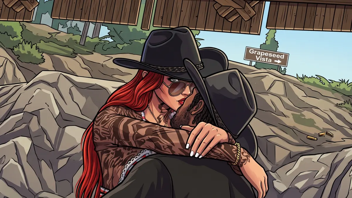 Pareja de vaqueros besándose en las rocas de Grapeseed