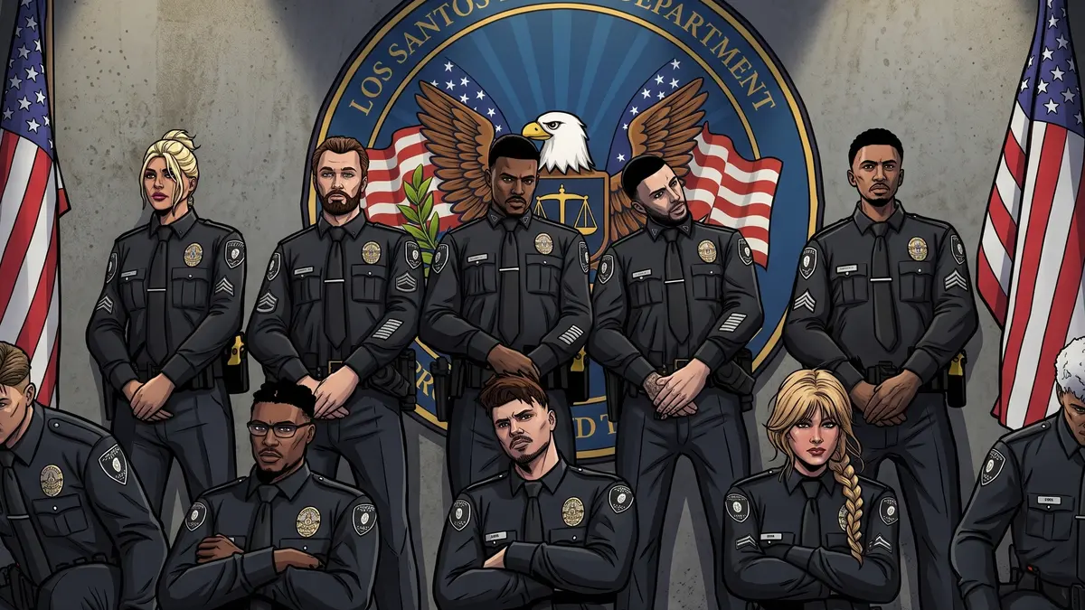 Agentes del LSPD posando ante el escudo del departamento