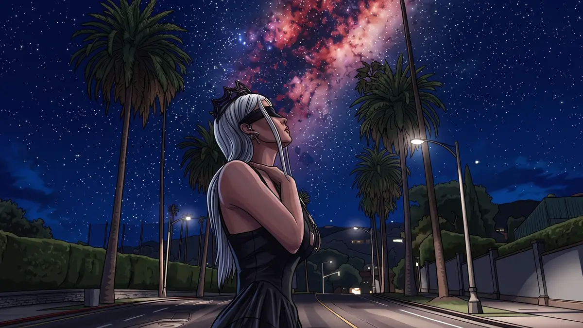 Chica mirando las estrellas en una calle con palmeras