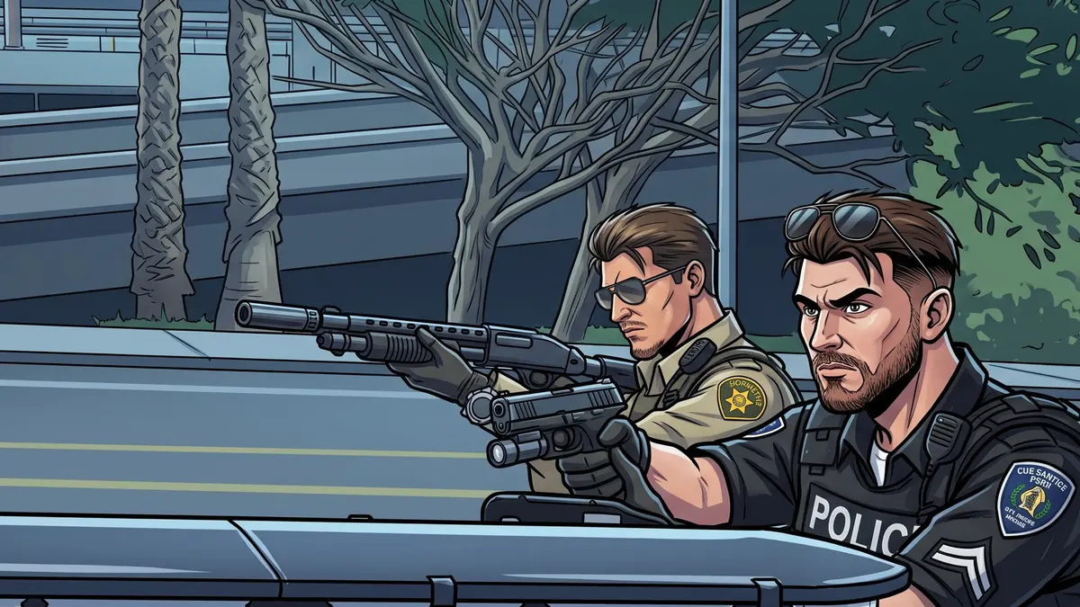 Agente del Sheriff y policía del LSPD apuntando tras un coche patrulla