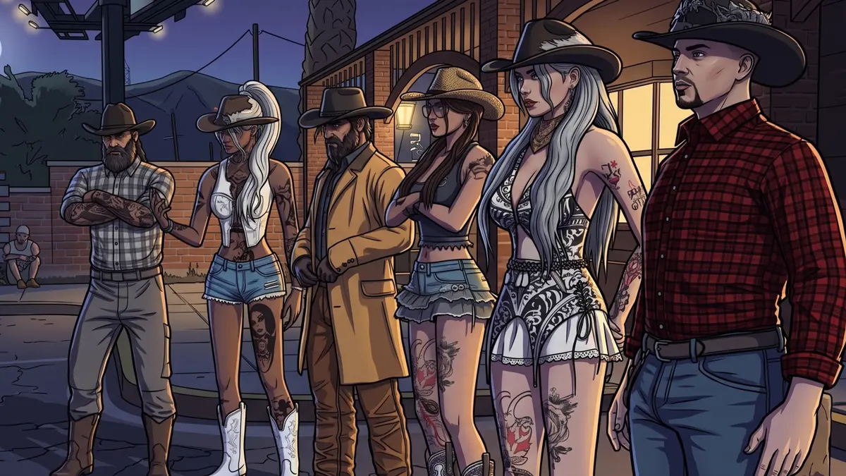 Grupo de vaqueros y vaqueras reunidos de noche